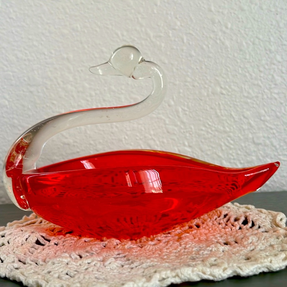 Art glass swan dish, bright orange red color with applied clear glass neck.